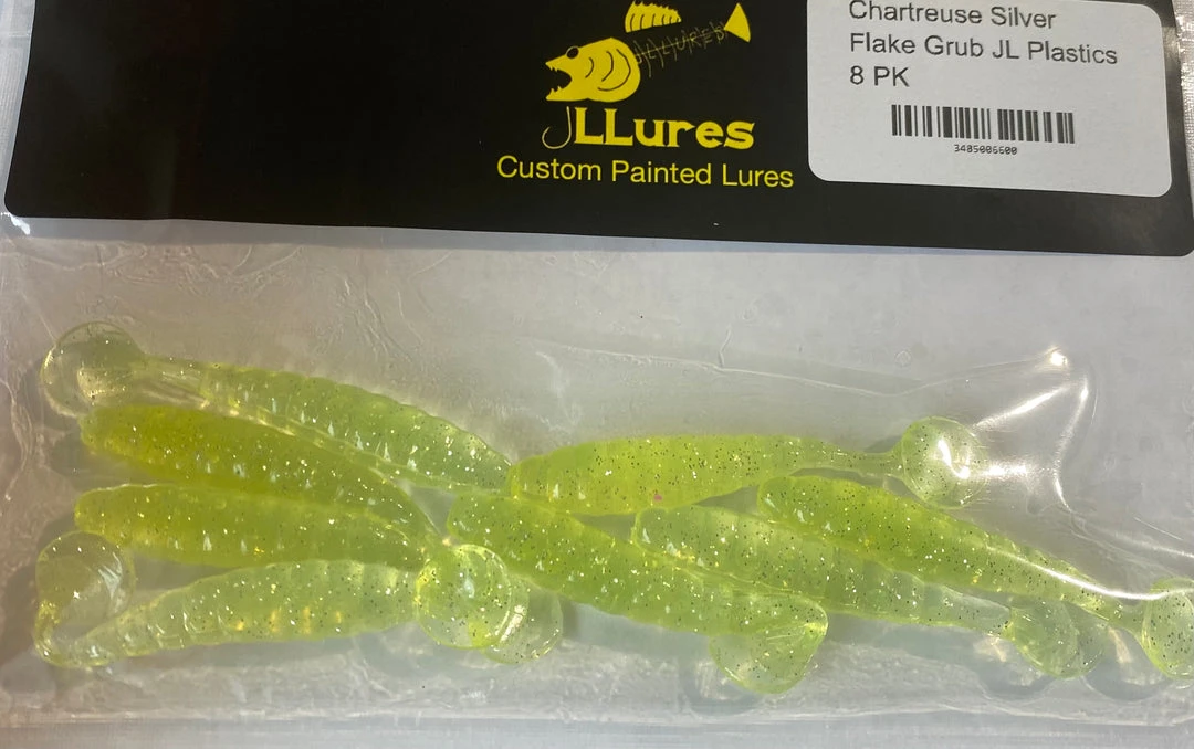 JL Lures Chartruese Silver Flake Grub JL Plastics Soft Baits 3 JL Lures Chartruese Silver Flake Grub JL Plastics Soft Baits